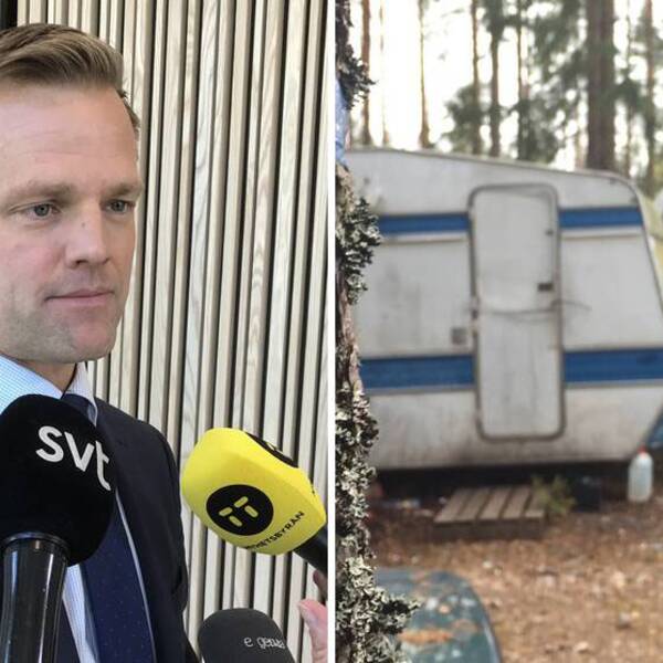På bilden syns åklagare Måns Biörklund prata med ett samlat pressuppbåd på rättegången, samt en bild från det husvagnsläger där tiggarna levde i misär utanför Växjö.