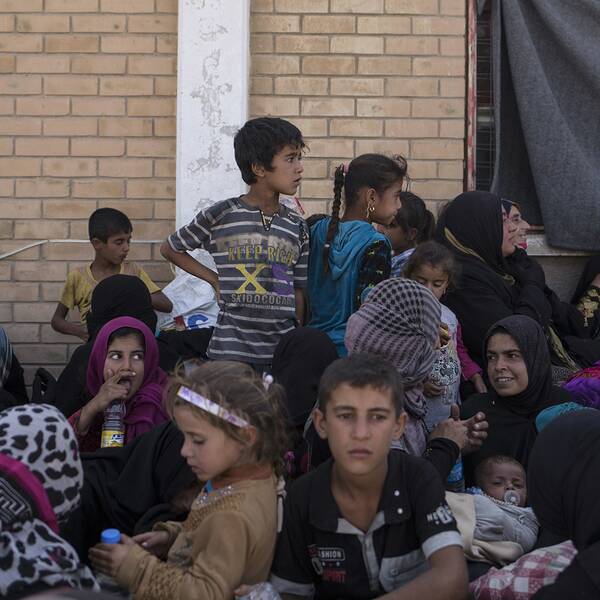 Barn i olika åldrar sitter utanför en byggnad i Irak.
