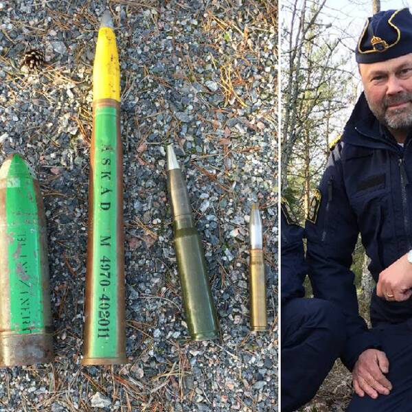 Sprängämnen samt en bild på Fredrik Moberg i polisuniform.