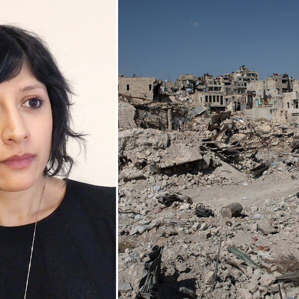 Reena Devgun samt en bild på Aleppos ruiner