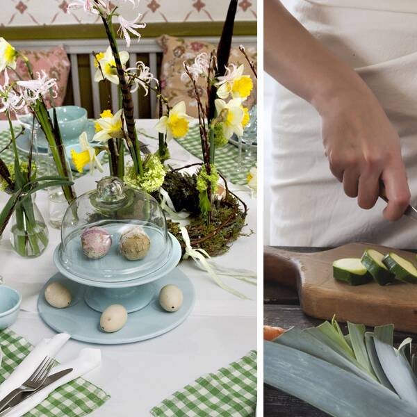 Bild delad i två: På vänster sida ett bord dekorerad med påskliljor, fejka ägg och en påskhare. På höger sida, en person som skär en zucchini.