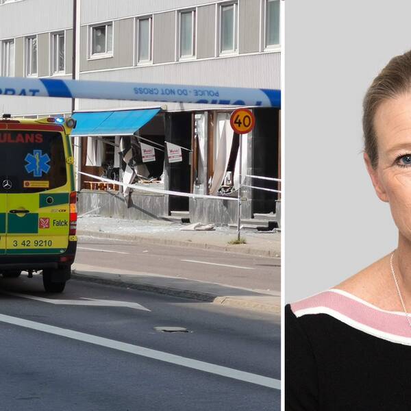 Två ambulanser och en brandbil vid platsen för explosionen i Linköping. En porträttbild av Maria Karlsson.