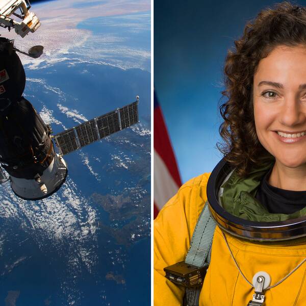 En bild på internationella rymdstationen ISS och jorden, sett från rymden, och en bild på svenska astronauten Jessica Meir.