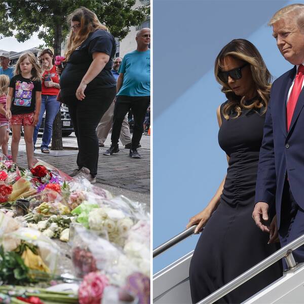 Människor lägger blommor vid en minnesplats i Dayton. President Donald Trump med hustru Melania Trump i Dayton Ohio