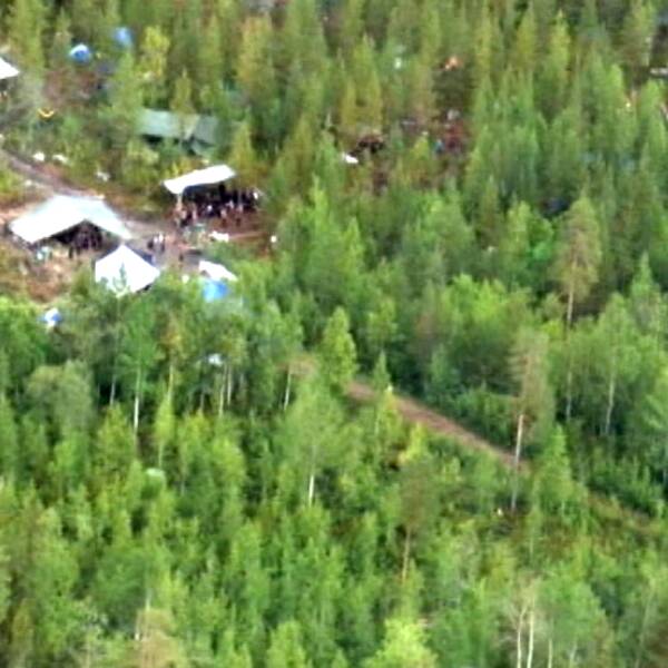flygbild över tältläger i skogen