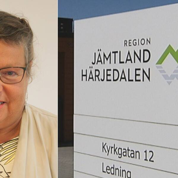 Porträttbild på Eva Hellstrand, centerpartistiskt regionråd. Bild på en skylt med texten Region Jämtland Härjedalen