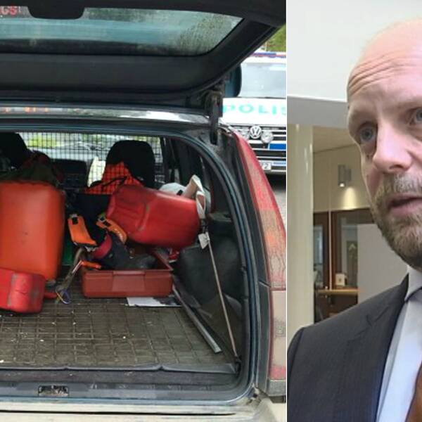 Bild på ett bagageutrymme i bilen som mannen körde. I bagaget ligger bensindunkar och utrustning för skogsarbete. Bild på kammaråklagare Henrik Olin.