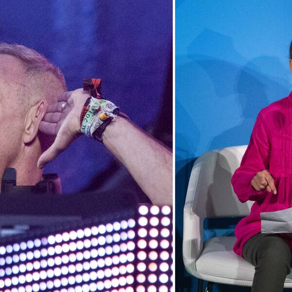 Bild på Fatboy Slim där han spelar musik till vänster och bild på när Greta Thunberg håller sitt tal till höger.