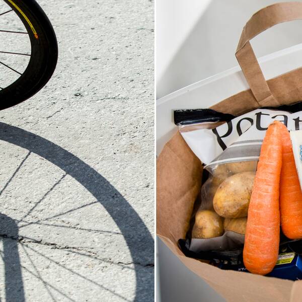 En tudelad bild med ett framhjul på en cykel till vänster, och en papperskasse med mat som exempelvis potatis och morötter till höger.