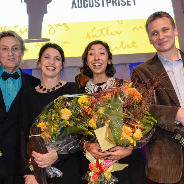 Alla pristagare. Från vänster Lars Lerin, Kristina Sandberg, Matilde Villegas Bengtsson och Jakob Wegelius.