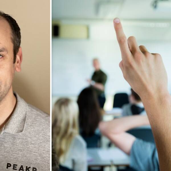 Collage. Vänster bildhalva: Rektor Jonas Winder. Höger bildhalva: Ett klassrum med elever.