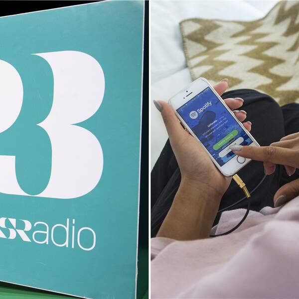 P3:s logga och person som lyssnar på Spotify via mobilen.