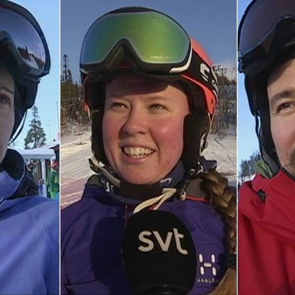 Tre personer i skidhjälm och skidglasögon intervjuas i Åre. Från vänster medelålders kvinna i blå jacka, ung tjej med fläta, medelålders man i röd jacka.