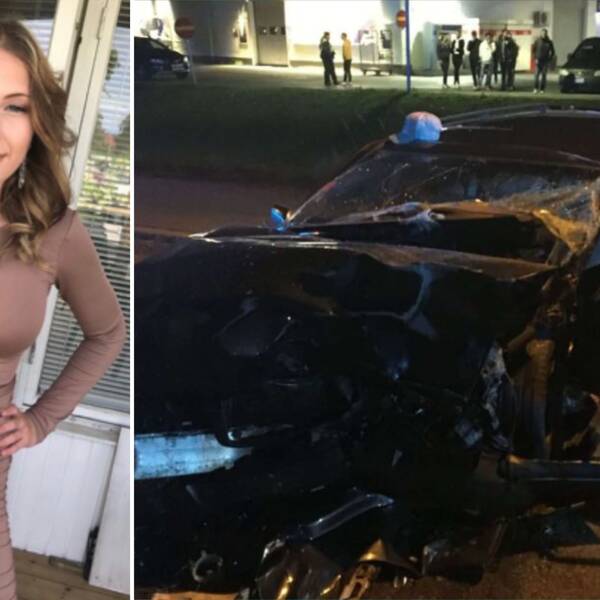 bild på 16-åriga Jasmine och bild på en kraschad Volvo efter olyckan.
