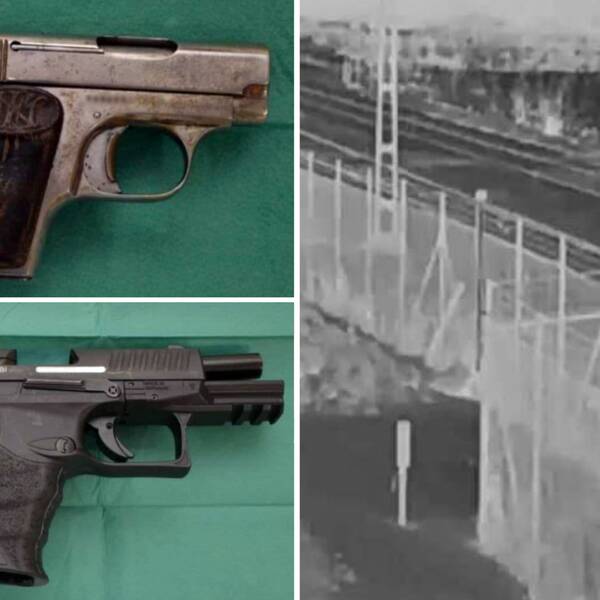 Montage på bilder ur polisens förundersökning. Två pistoler i separata bilder till vänster. Till höger: en bild på de misstänkta som fastnade på en övervakningskamera en bit bort från brottsplatsen.