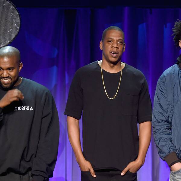 Deadmau5, Kanye West, Jay-Z och J Cole på presskonferensen för Tidal.