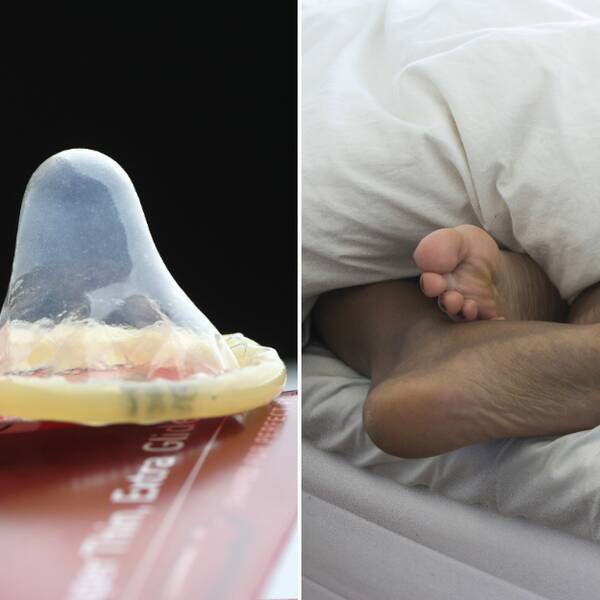 Bild på en kondom och fötter i en säng.