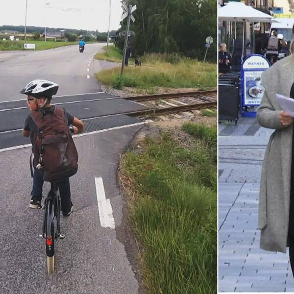 Till höger: reporter står med papper och tittar in i kameran. Till vänster: Pojke på cykel står och väntar vid järnvägsöverfart