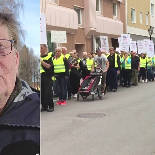 delad bild: närbild Arne Söderbäck – en äldre man, utomhus, samt ett protesttåg med människor i reflexvästar