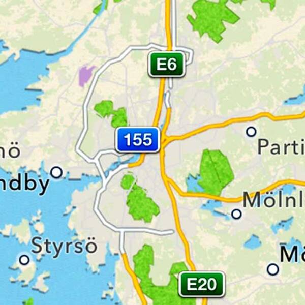 Göteborg inte ens på kartan, enligt Apple. Staden låg tidigare ungefär vid skylten för väg 155.