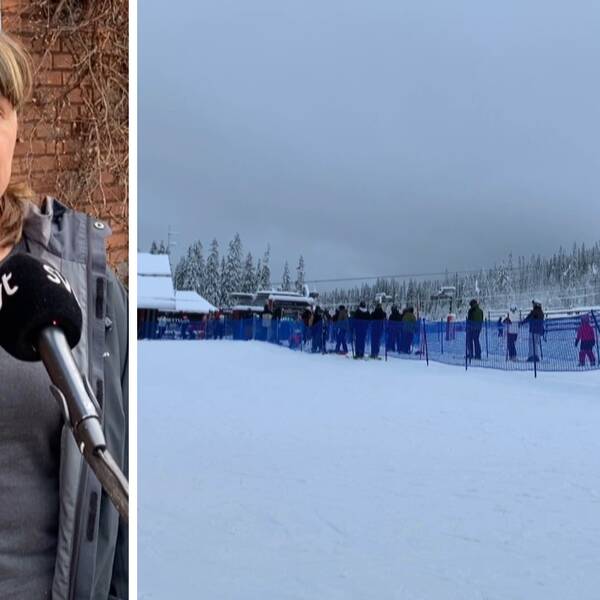 två bilder: en medelålders kvinna som intervjuas utomhus, samt skidåkare i en liftkö