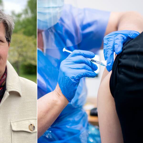 Bilden är delad i två bilder. Den vänstra bilden är en porträttbild på vaccinsamordnare Marie Ragnarsson, en kvinna i 55-årsåldern med kortklippt grått hår och glasögon utan bågar. Den högra bilden visar hur en person med blå plasthandskar ger en vaccinspruta till en person med svart kortärmad tröja. 