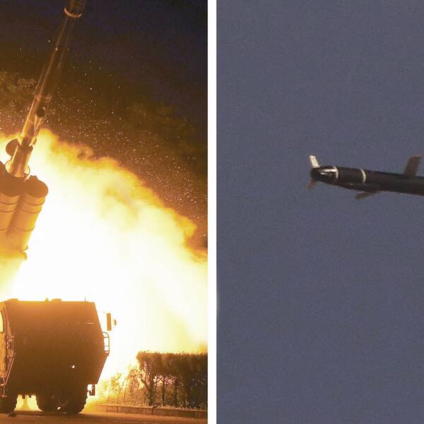 Denna odaterade kombinationsbild som släpptes från Nordkoreas officiella centrala nyhetsbyrå (KCNA) den 13 september 2021 visar en testeldad ny typ av långdistanskryssningsmissiler den 11 och 12 september, utförd av Academy of Defense Science i Nordkorea.
