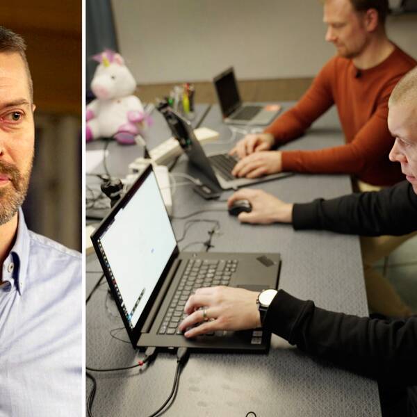 Bild på Andreás Lundberg som blev hackad samt en bild på två av hackarna framför sina datorer.