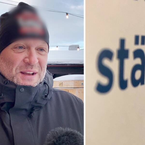 Tvådelad bild – en man till vänster i bild, samt en skylt där det står stängt till vänster.