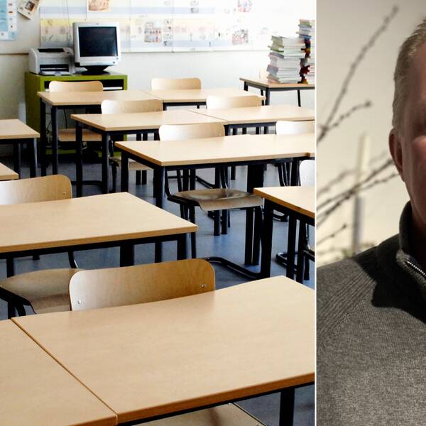 En bild på tomma skolbänkar och en bild på Per-Erik Lorentzon.