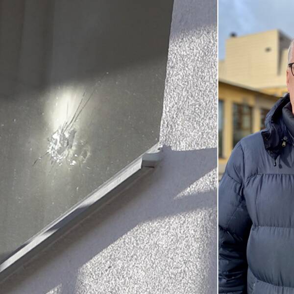 Bild på skotthål i fönster och bild på polis.