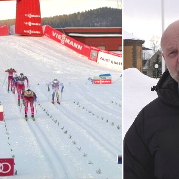 Delad bild. Till vänster arkivbild från 2015 då världscupen i längdåkning arrangerades i Östersund. Skidåkare på ett upplopp. Till höger skallig, skäggig man med svart jacka.
