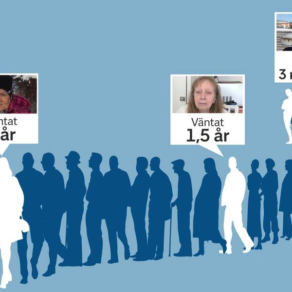Grafisk bild på kö. Marianne, Margareta och Liselott är inklippta i bilden och under varje bild står det hur länge respektive person väntat på operation.