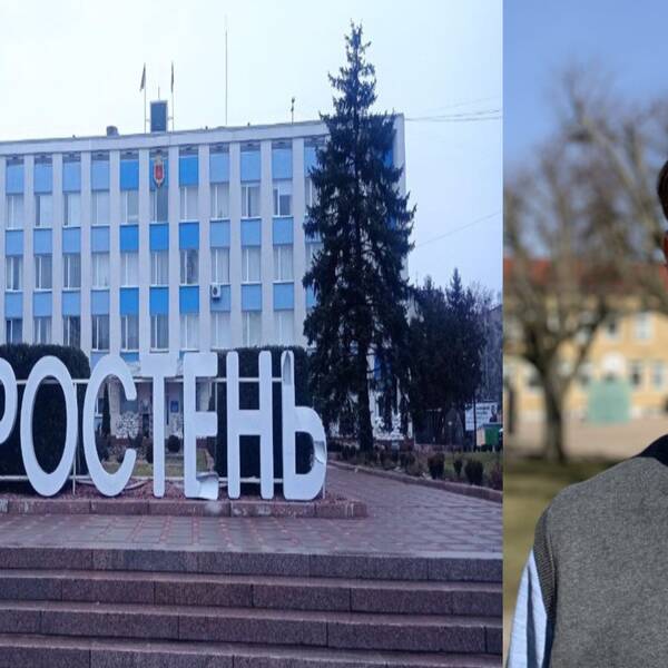 Socialchefen Björn Franke i Essunga kommun och fasaden av det ukrainska barnhemmet i Korosten.