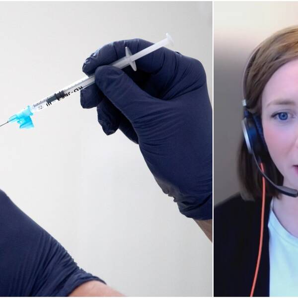 Tvådelad bild. En nål nål med vaccin riktad mot en arm. Porträtt kvinna med hörlurar på sig.