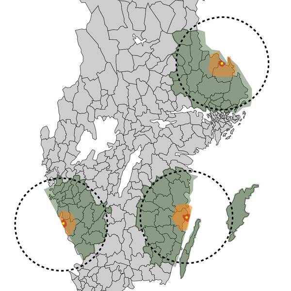 Karta över beredskapszoner i Sverige. 