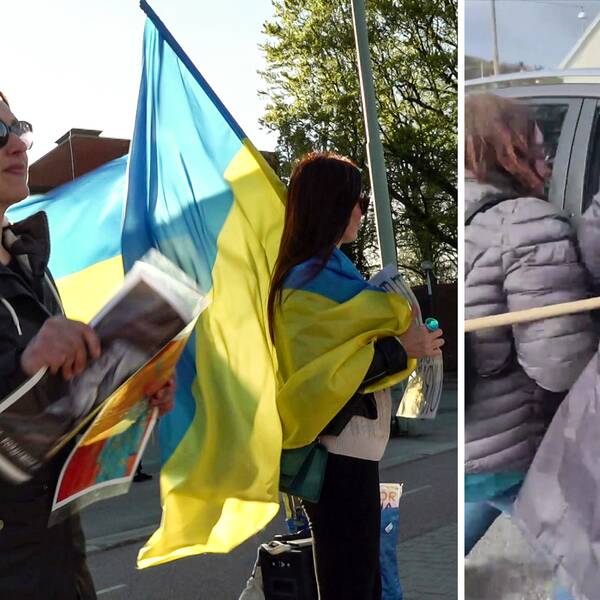 Till vänster två kvinnor med affischer och en ukrainsk flagga. Till höger Nataliya Persson Harris och hennes mamma som försöker dra ut något ur en bil.