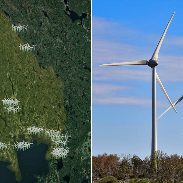 Till vänster en karta som visar vindkraftverk, till höger vindkraftverk på rad. 