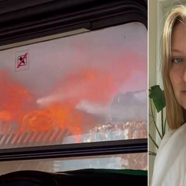 Brand filmad innifrån tåg, delad bild med tjej i vit blus