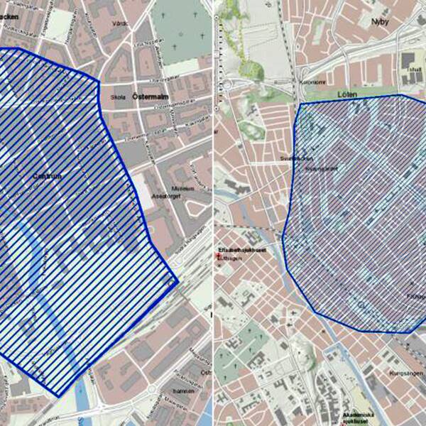 En karta över områden som kan komma att kameraövervakas i Västerås och Uppsala. Visar de centrala delarna