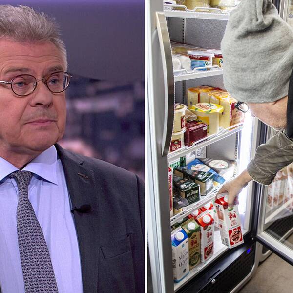 T.V. Klas Eklund, nationalekonom. T.H. Man som plockar röd mjölk ur en kyl i en butik.