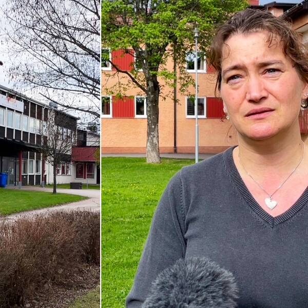 Delad bild – till vänster en exteriör på Centralskolan i Malung. TIll höger en bild på en mörkhårig kvinna från lärarförbundet, Jenny.