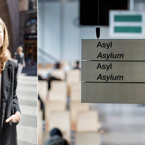 Två delad bild, Karin Gyllenring och en skylt där det står Asyl, personer sittandes på bänkar i bakgrunden