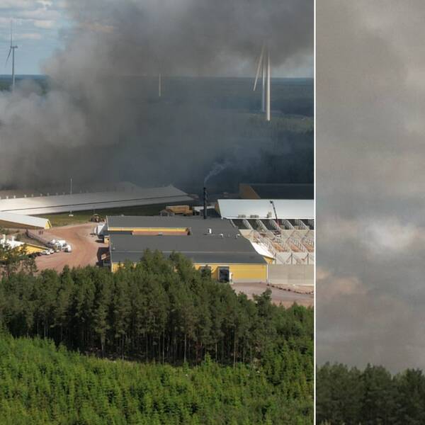 Bild på brinnande byggnaden och en vattenbombande helikopter.