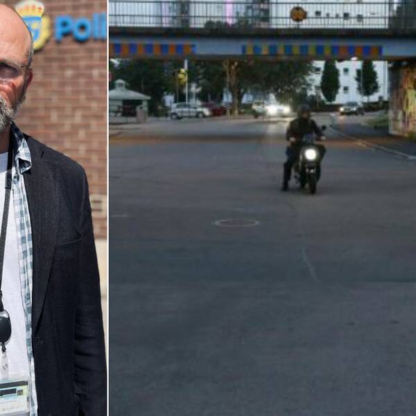 Montage med en man och en person som färdas på en moped.