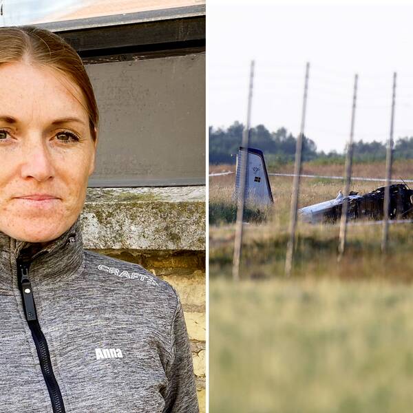 Anna Oscarson, Svenska Fallskärmsförbundet. Bild efter olyckan – flygplansvrak, polisbil och siluett av två poliser (TT)