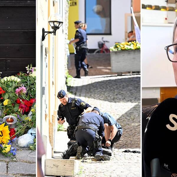 Blommor vid brottsplatsen i centrala Visby/ Gärningsmannen grips/ åklagare Petra Götell.