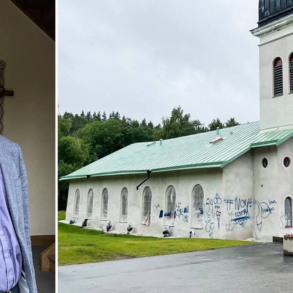 Kyrkoherden Sven-Erik Olsson i dörröppningen till Rydboholms kyrka, till höger kyrkan full av klotter.