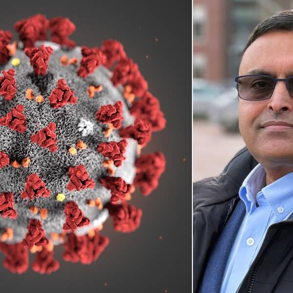 En modell av Corona-viruset och smittskyddsläre Shah Jalal i ett collage.