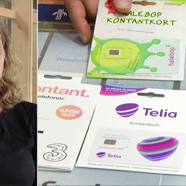 En kvinna, delad bild med massa olika kontantkort för mobiltelefoner